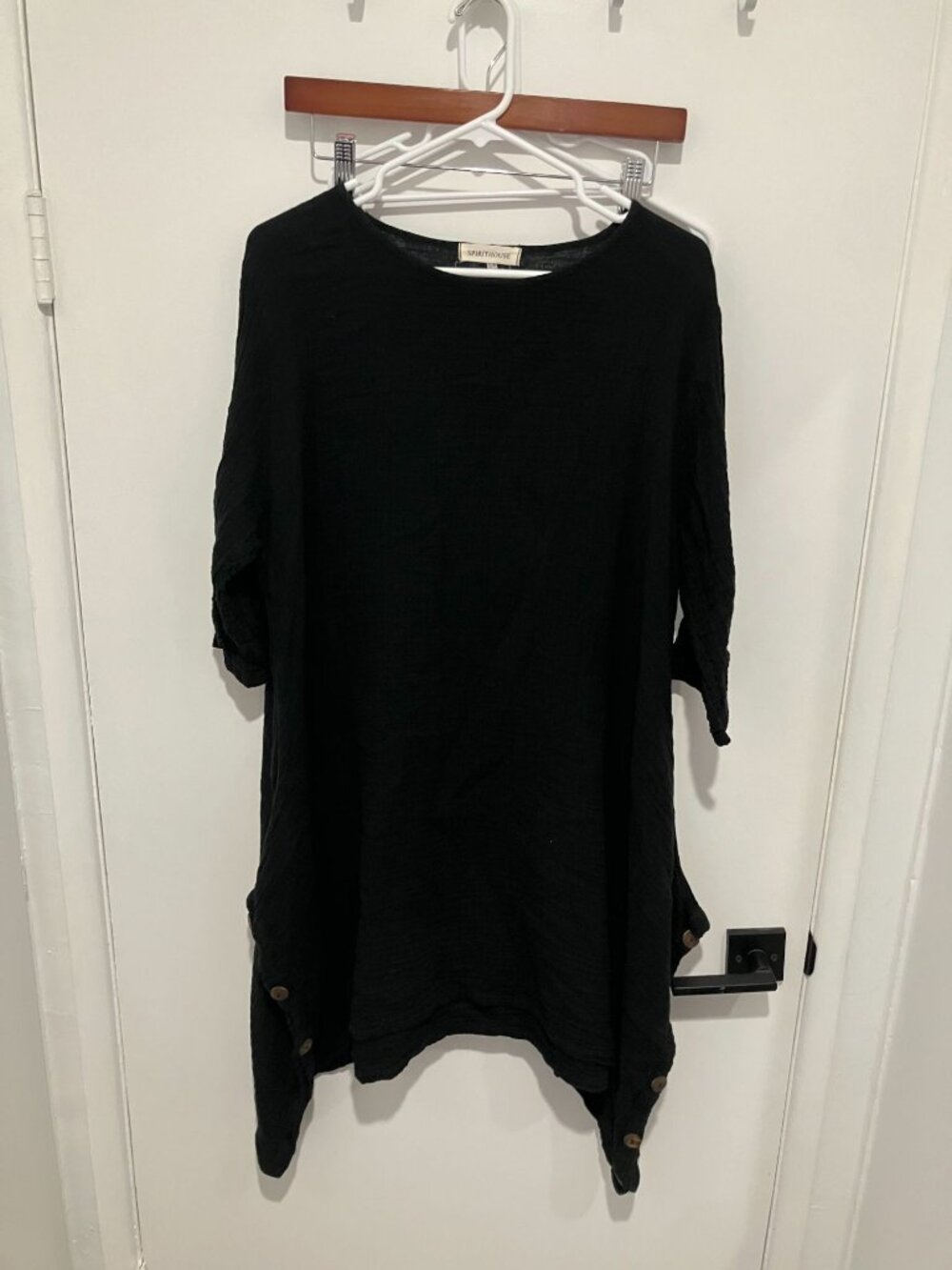 Spirithouse Black 100% Cotton Tunic Dress Asymmetrical Hem Button Accent OS